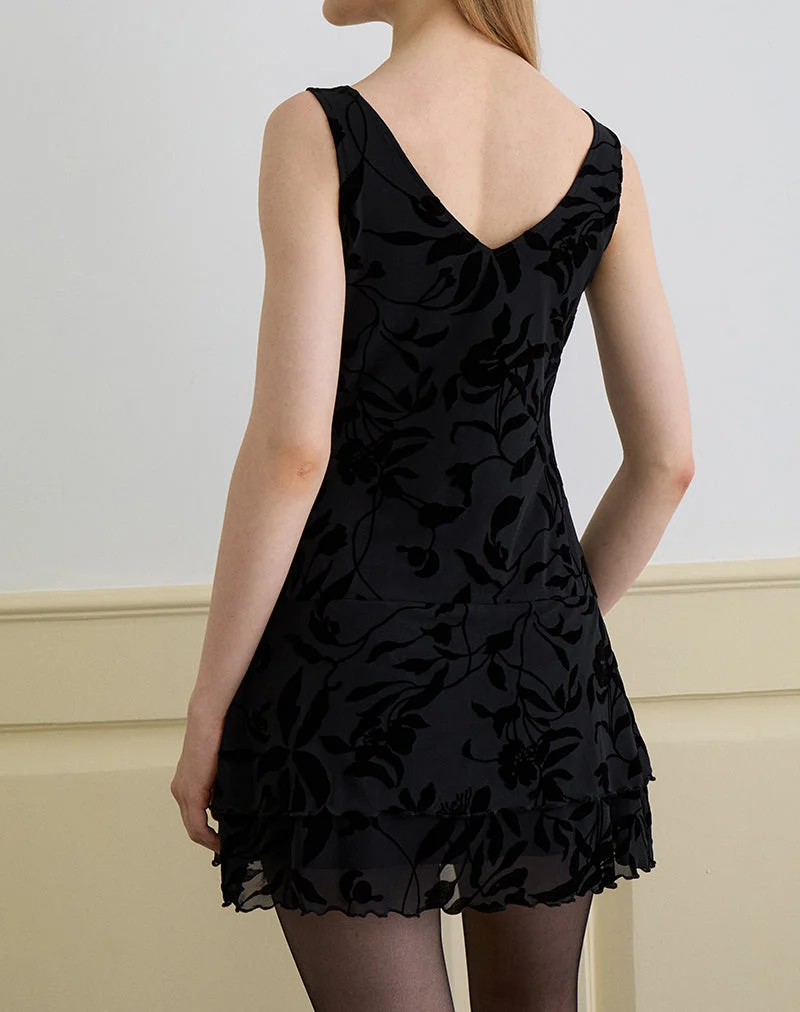 Mini robe Rawson en Flock Leaf Flower noir