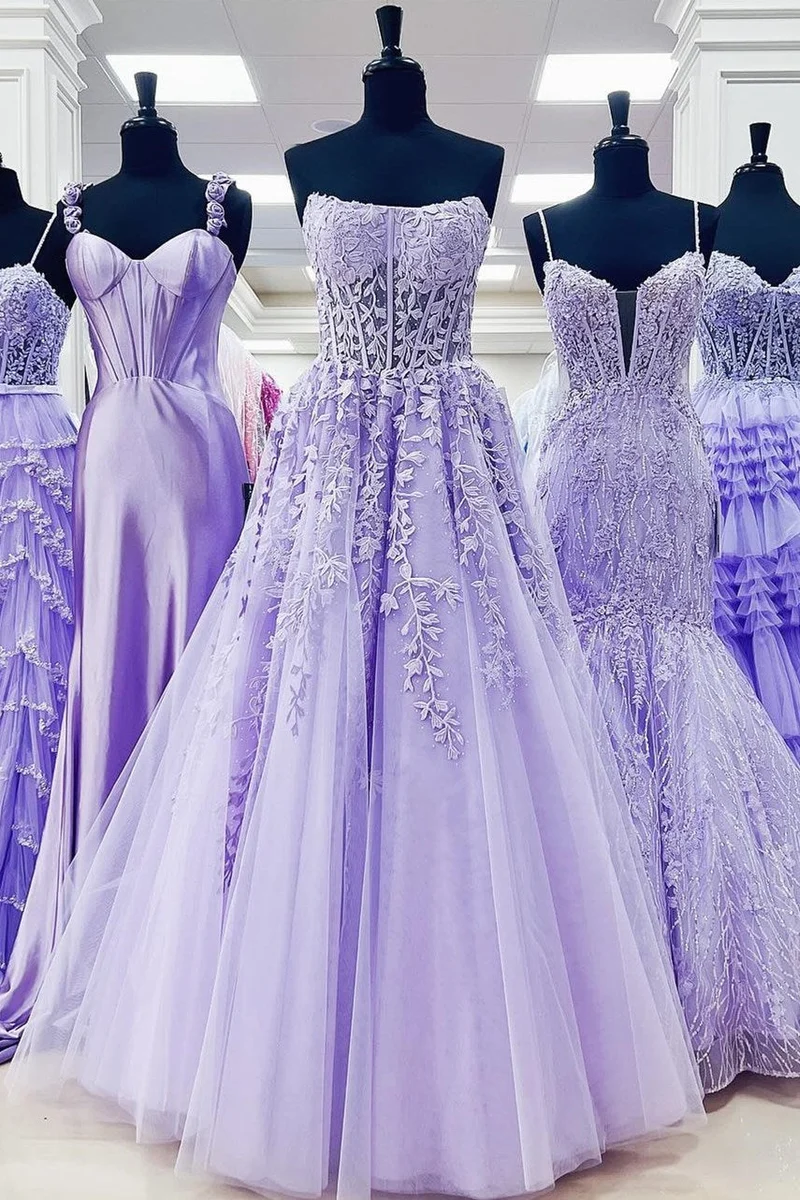 Robe de bal longue transparente sans bretelles avec appliques bleu aqua