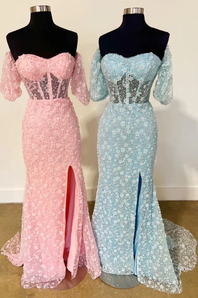 Robe de bal rose sirène en dentelle florale 3D transparente avec fente