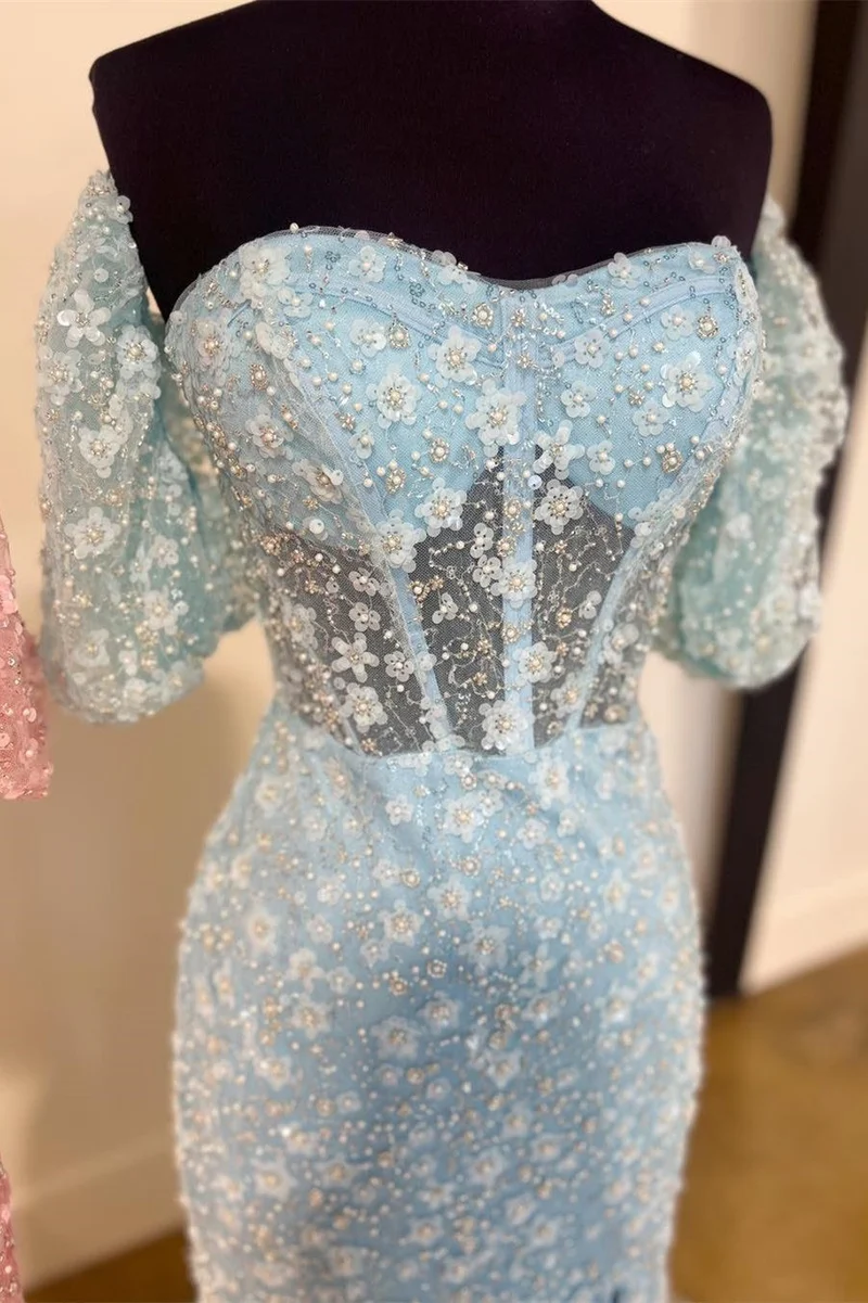Robe de bal rose sirène en dentelle florale 3D transparente avec fente