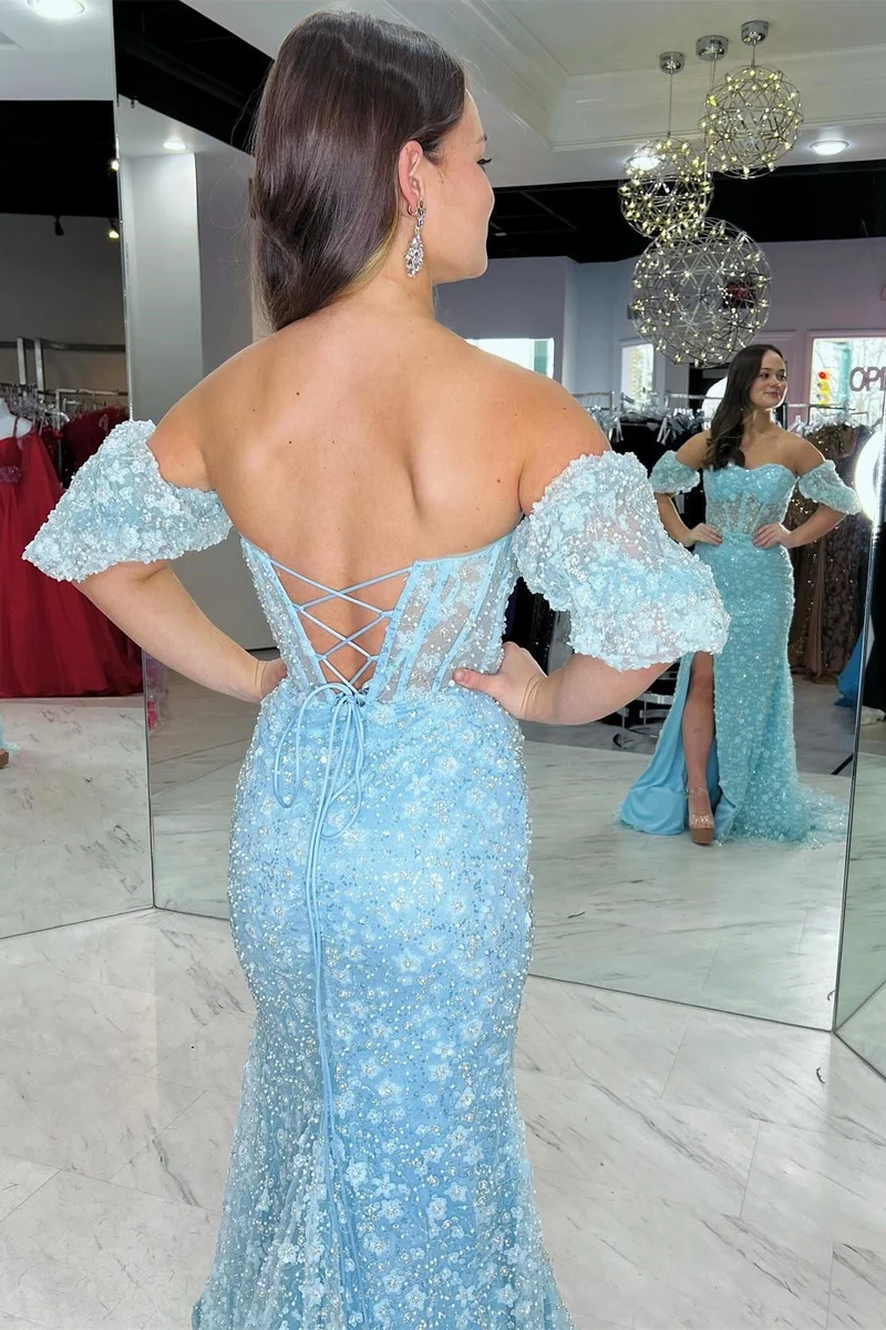 Robe de bal rose sirène en dentelle florale 3D transparente avec fente