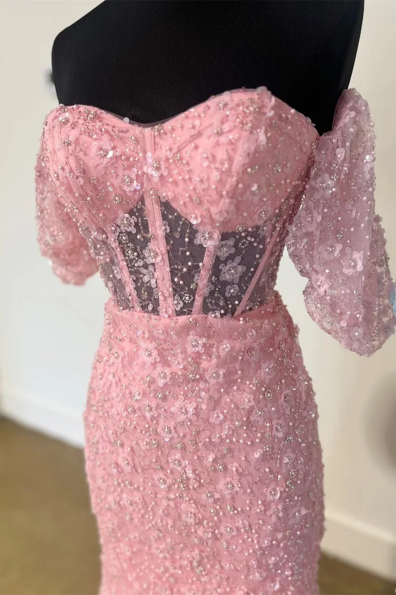 Robe de bal rose sirène en dentelle florale 3D transparente avec fente