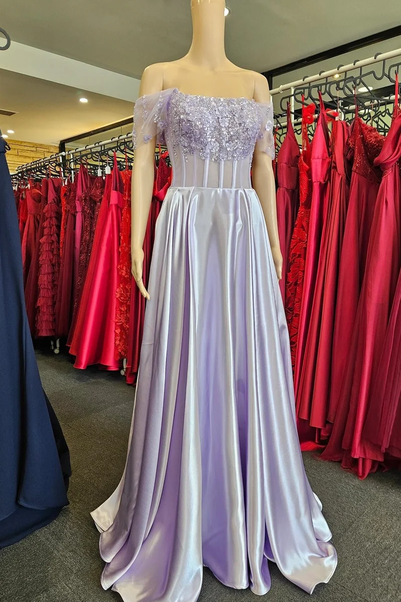 Robe de bal corset transparente à épaules dénudées en dentelle florale 3D lavande