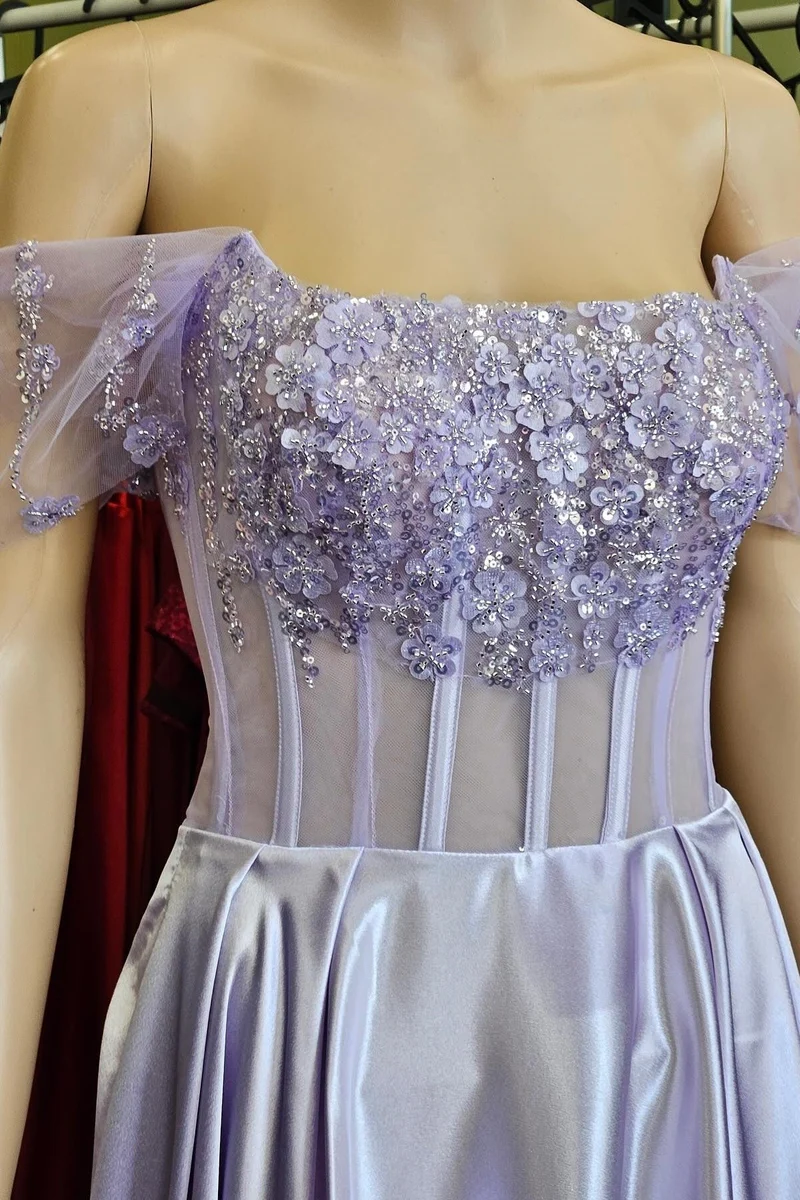 Robe de bal corset transparente à épaules dénudées en dentelle florale 3D lavande