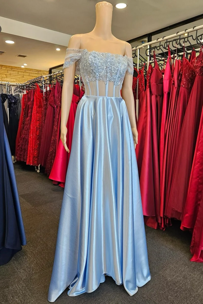 Robe de bal corset transparente à épaules dénudées en dentelle florale 3D lavande