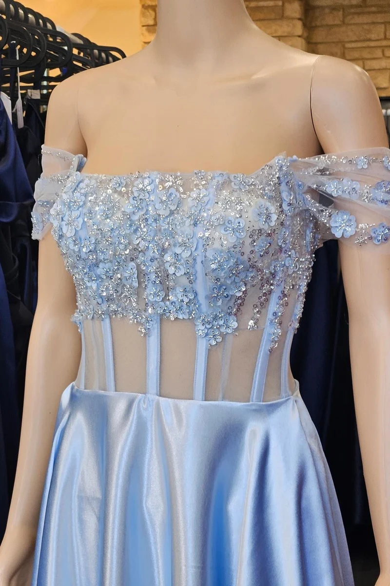 Robe de bal corset transparente à épaules dénudées en dentelle florale 3D lavande