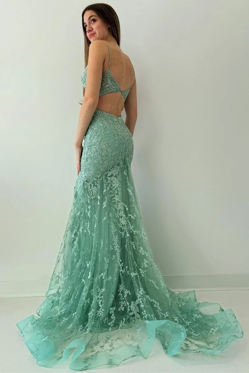 Robe de bal longue sirène en dentelle vert sauge, dos ouvert