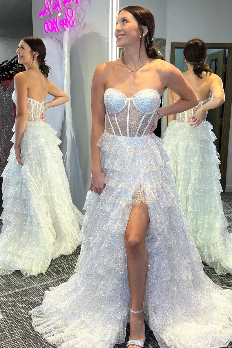 Corset à paillettes scintillantes, robe de bal longue transparente à volants et fente