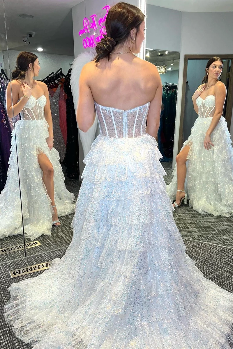 Corset à paillettes scintillantes, robe de bal longue transparente à volants et fente