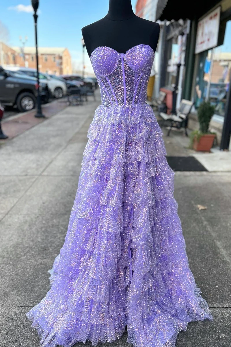 Corset à paillettes scintillantes, robe de bal longue transparente à volants et fente