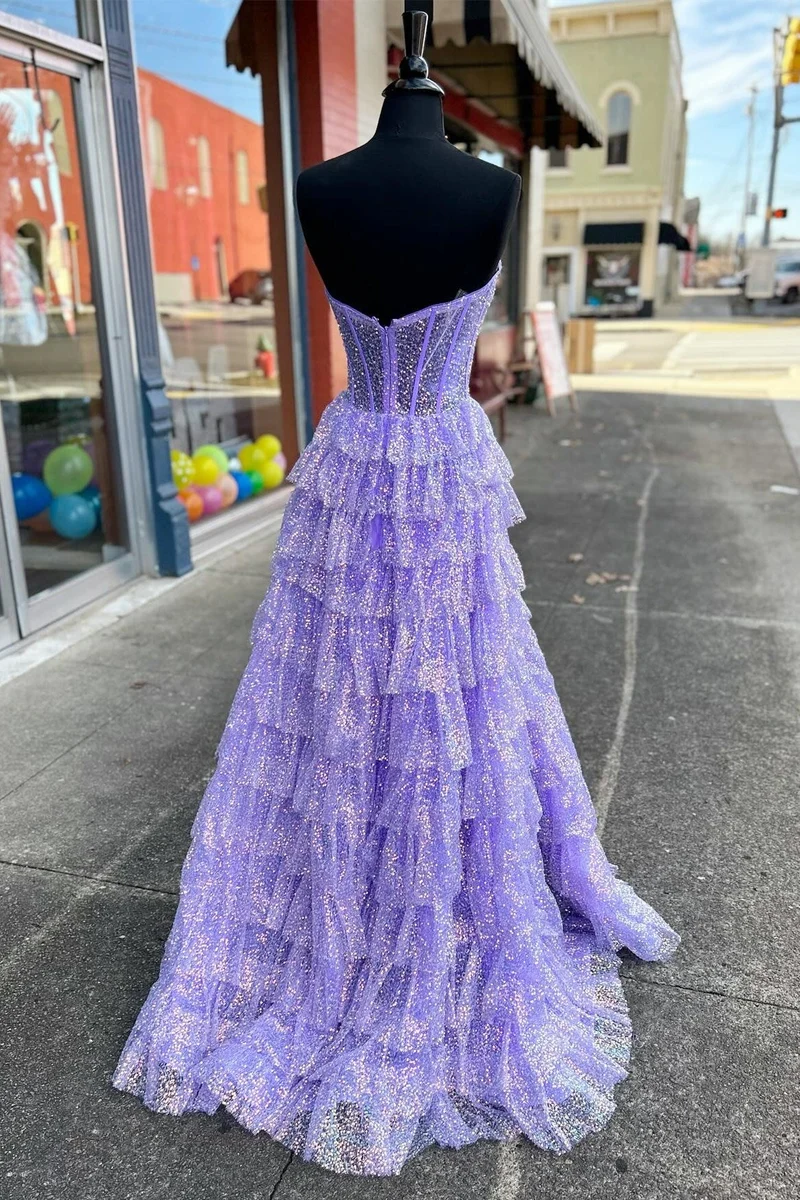 Corset à paillettes scintillantes, robe de bal longue transparente à volants et fente