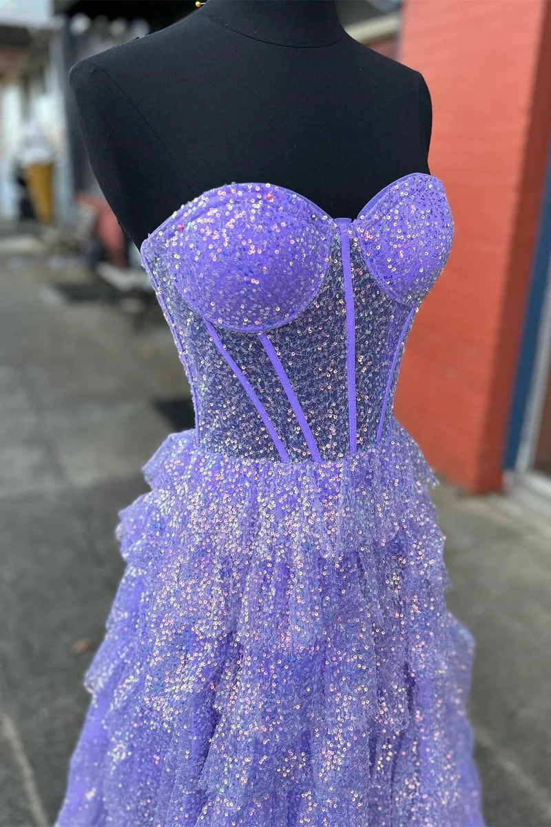 Corset à paillettes scintillantes, robe de bal longue transparente à volants et fente