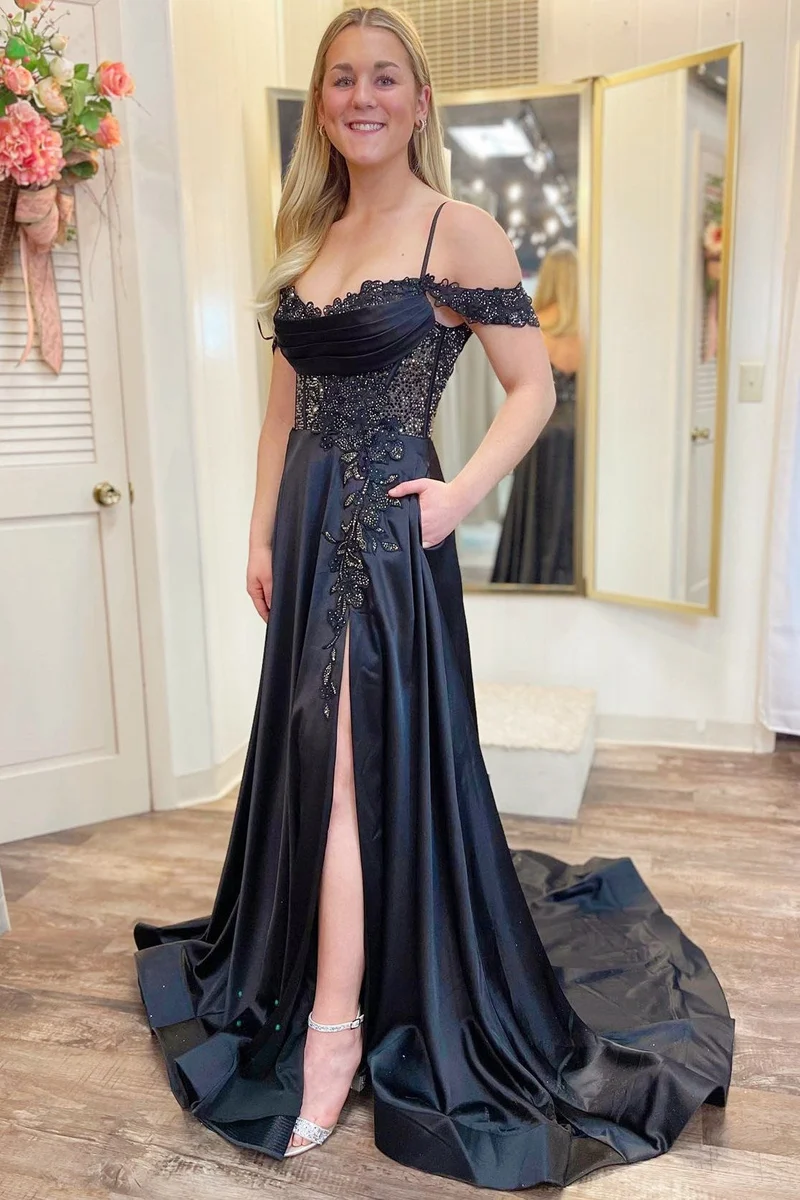 Robe formelle trapèze noire à épaules dénudées et perles avec fente