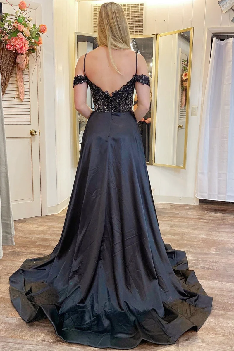 Robe formelle trapèze noire à épaules dénudées et perles avec fente