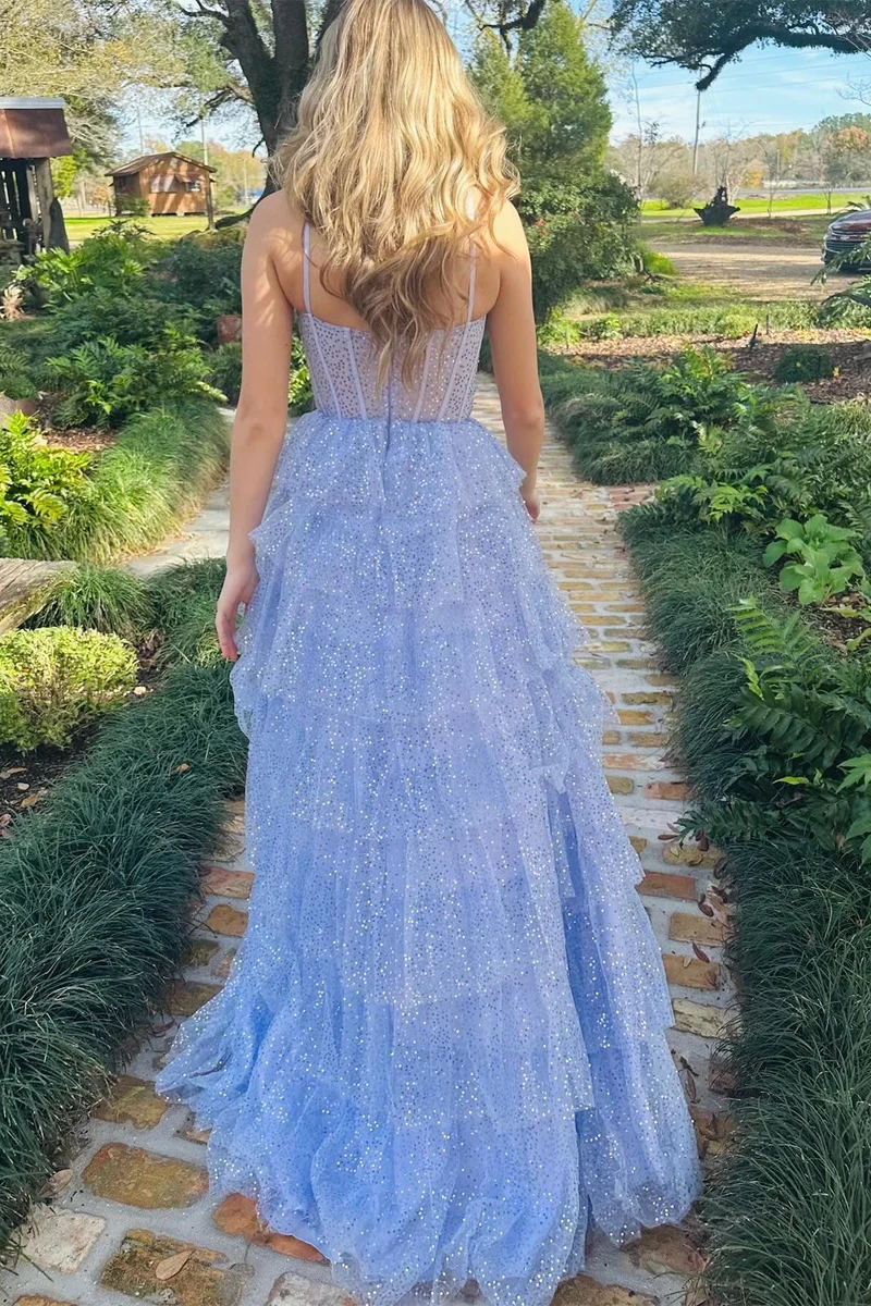 Robe de bal longue à volants et sequins en tulle lavande