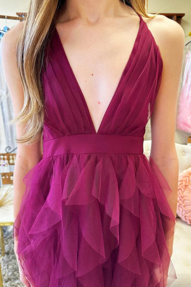 Robe de bal longue bleu poussiéreux à décolleté plongeant en V et à volants