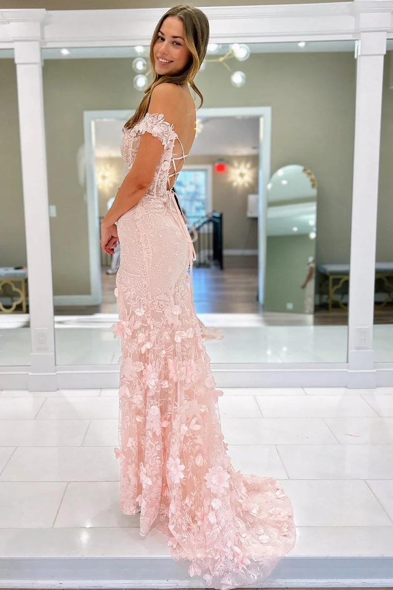 Robe formelle longue transparente en dentelle florale 3D, épaules dénudées, corset avec fente