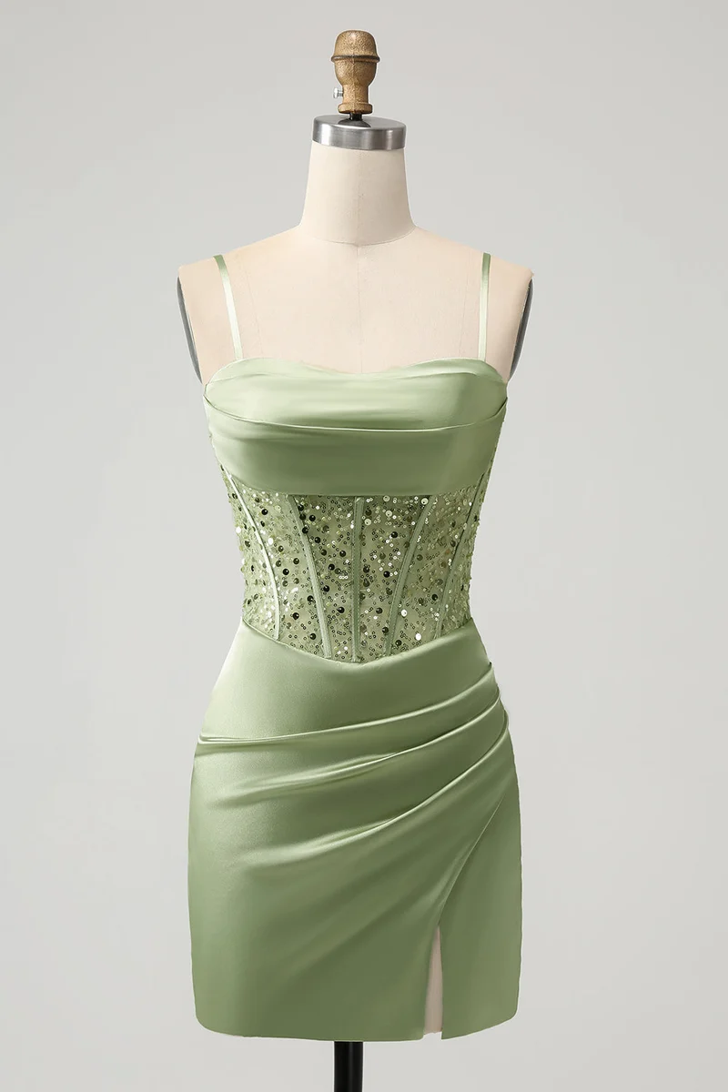 Mini-robe de soirée corset à sequins, vert sauge