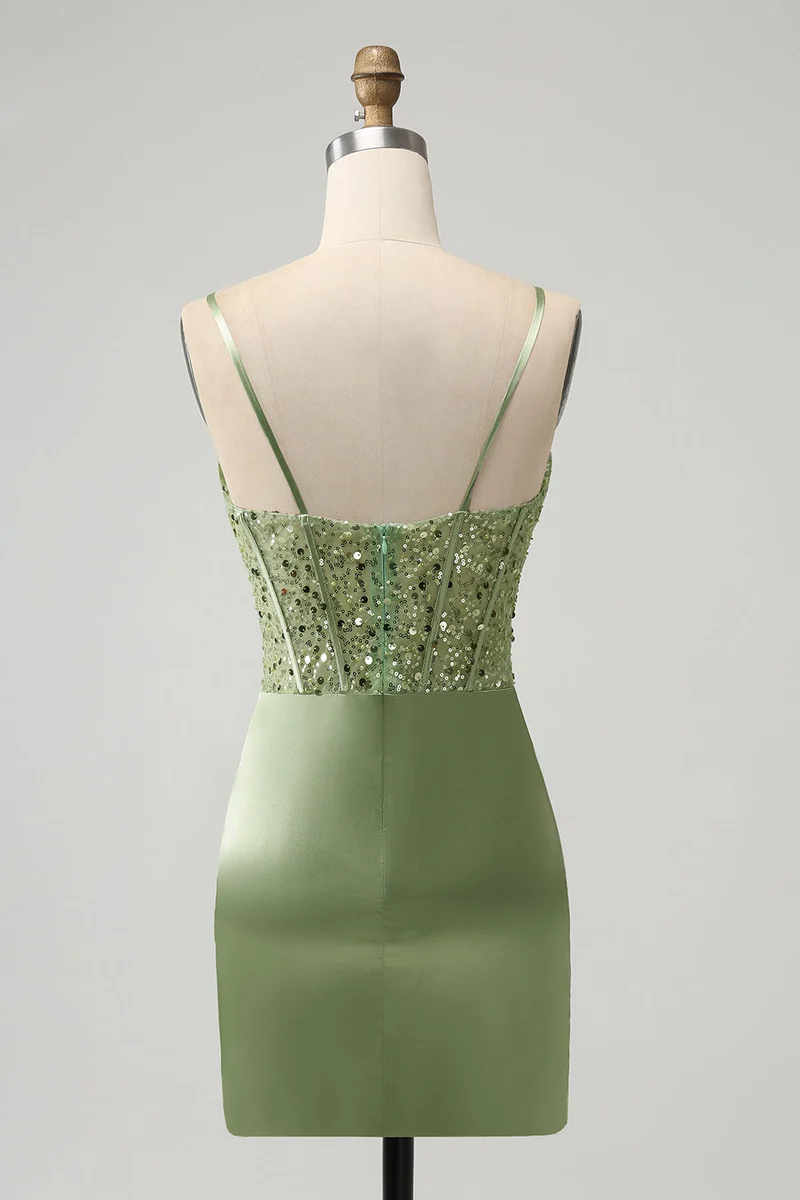 Mini-robe de soirée corset à sequins, vert sauge