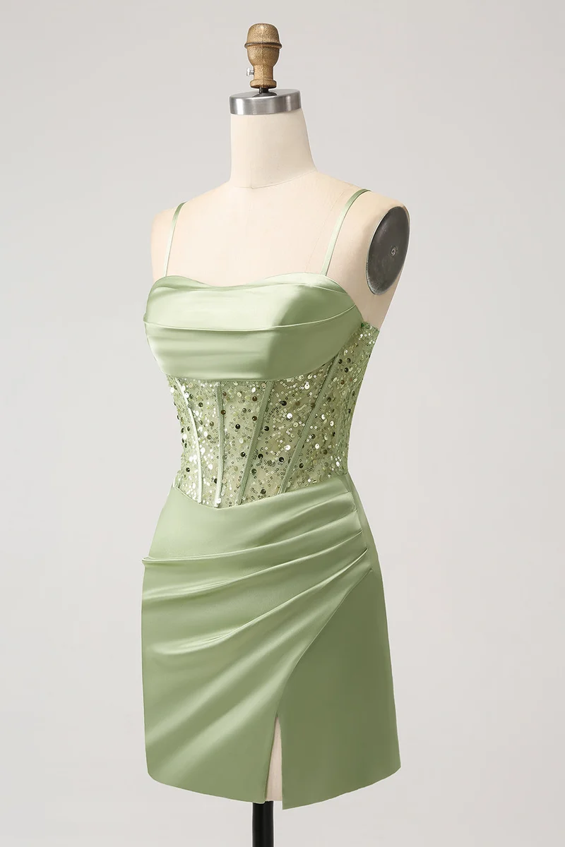 Mini-robe de soirée corset à sequins, vert sauge
