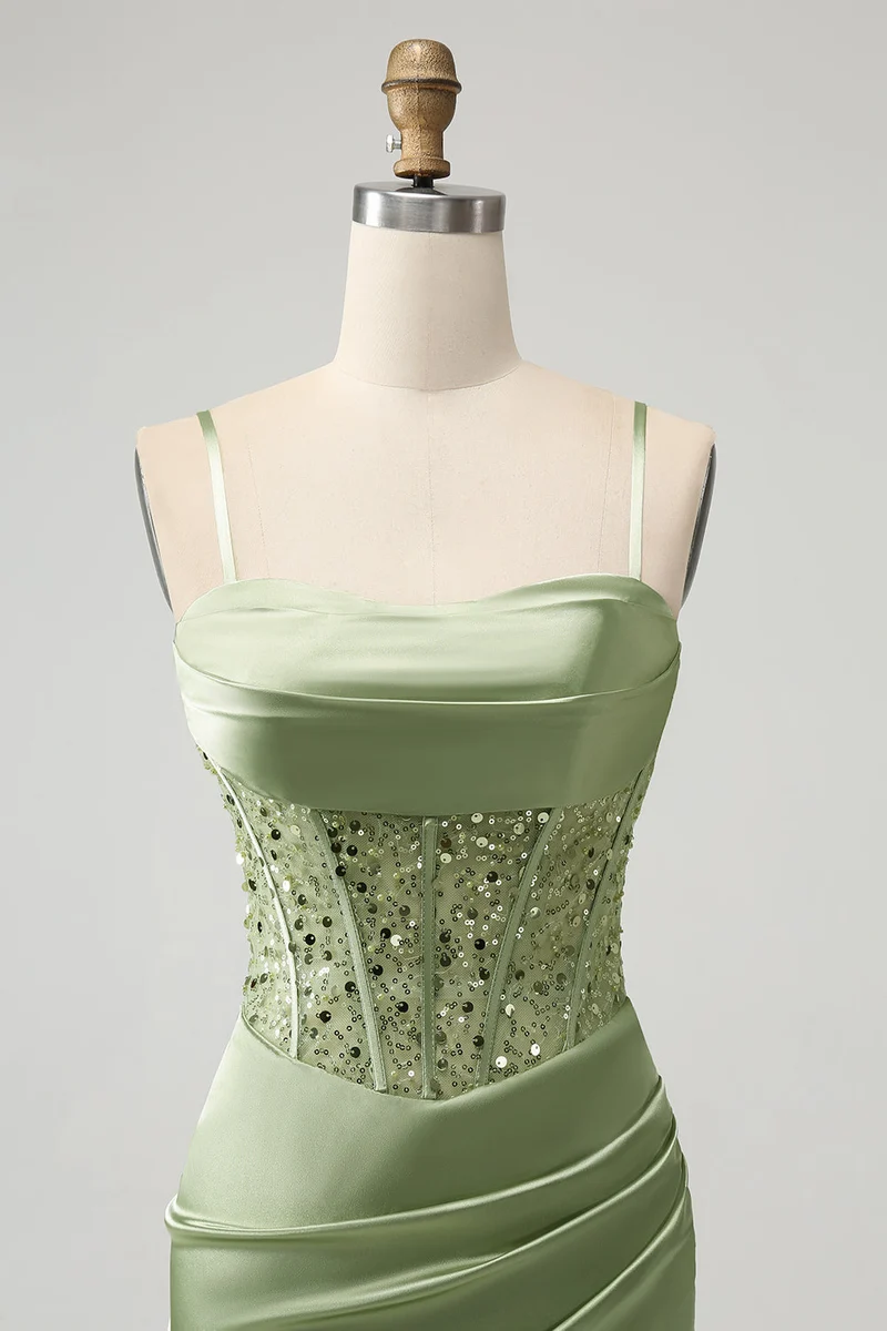 Mini-robe de soirée corset à sequins, vert sauge