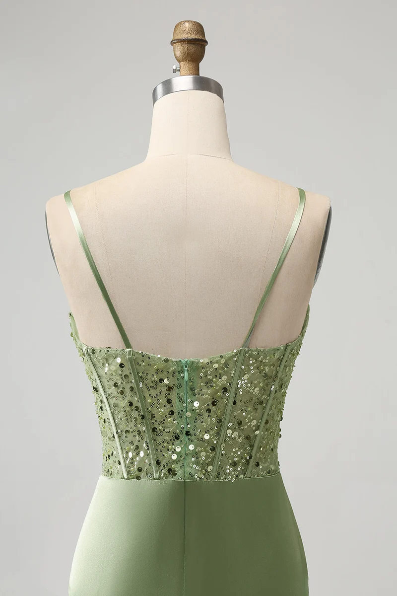 Mini-robe de soirée corset à sequins, vert sauge