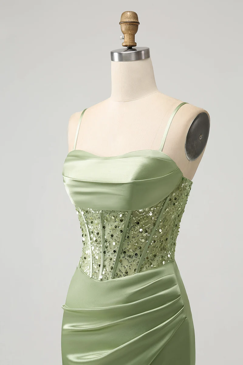 Mini-robe de soirée corset à sequins, vert sauge