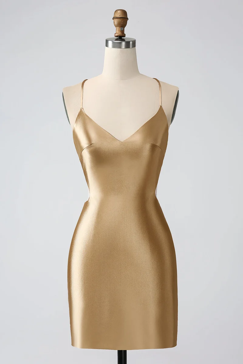 Robe de soirée courte dorée, dos nu, col en V, dos croisé