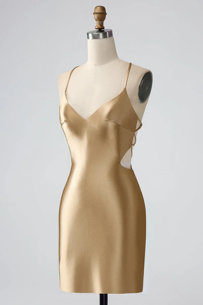 Robe de soirée courte dorée, dos nu, col en V, dos croisé