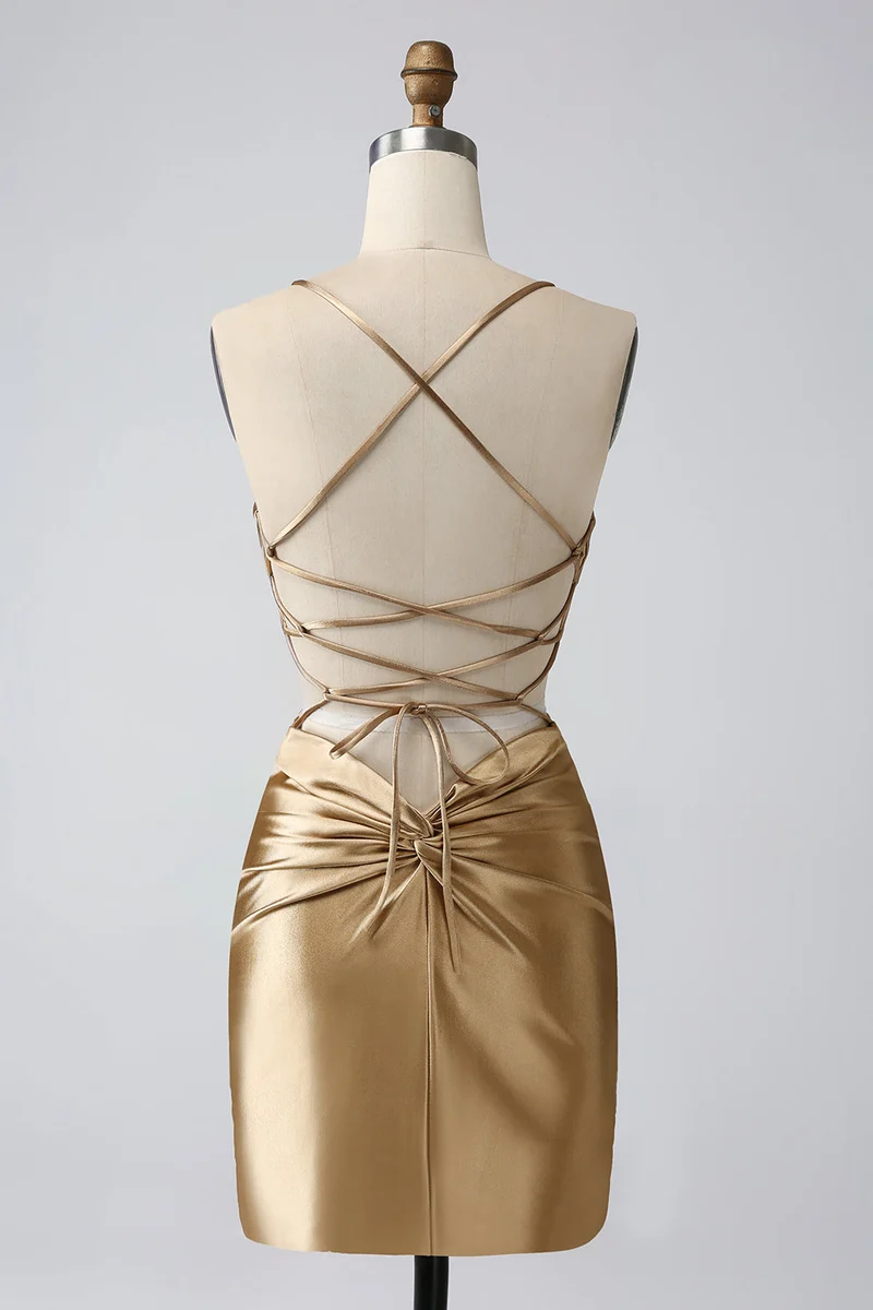 Robe de soirée courte dorée, dos nu, col en V, dos croisé