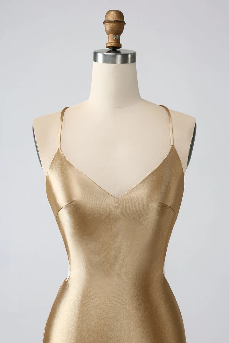 Robe de soirée courte dorée, dos nu, col en V, dos croisé