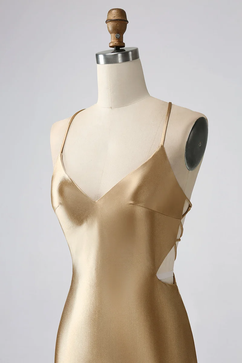Robe de soirée courte dorée, dos nu, col en V, dos croisé
