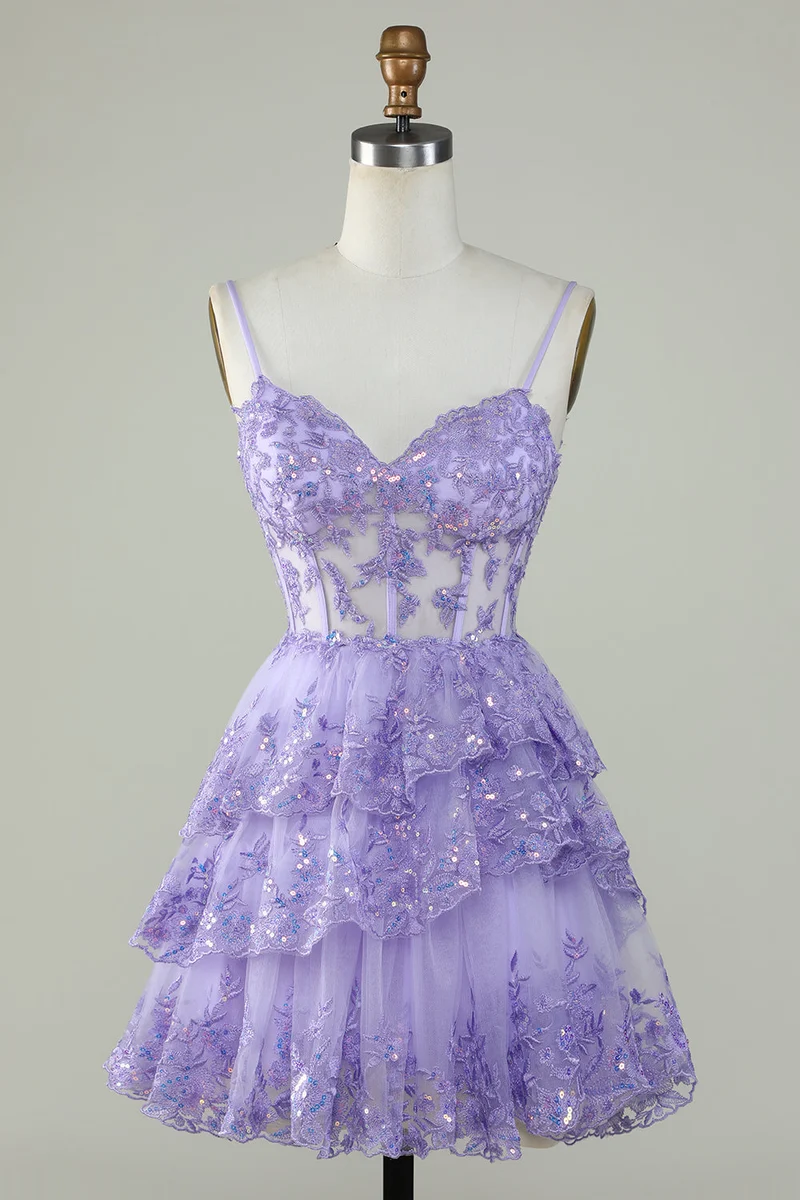 Robe de soirée courte transparente à volants asymétriques en dentelle scintillante