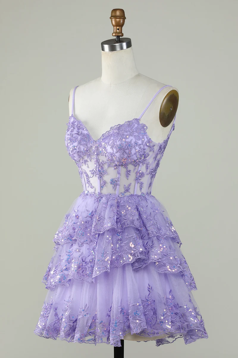 Robe de soirée courte transparente à volants asymétriques en dentelle scintillante