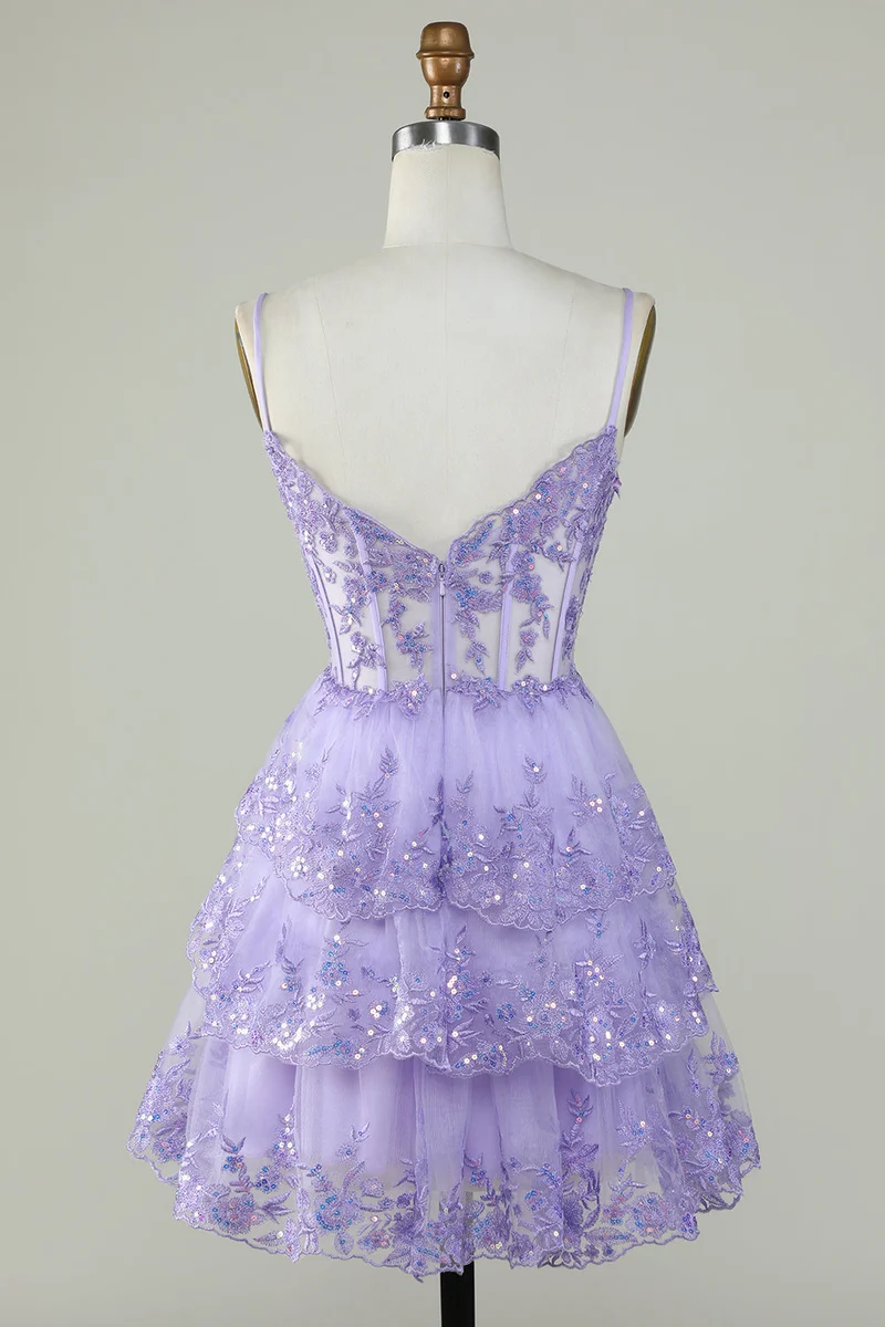 Robe de soirée courte transparente à volants asymétriques en dentelle scintillante