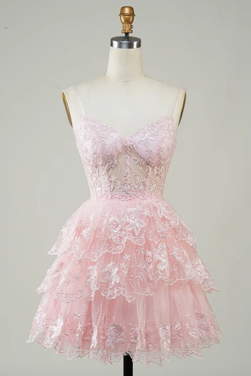 Robe de soirée courte transparente à volants asymétriques en dentelle scintillante