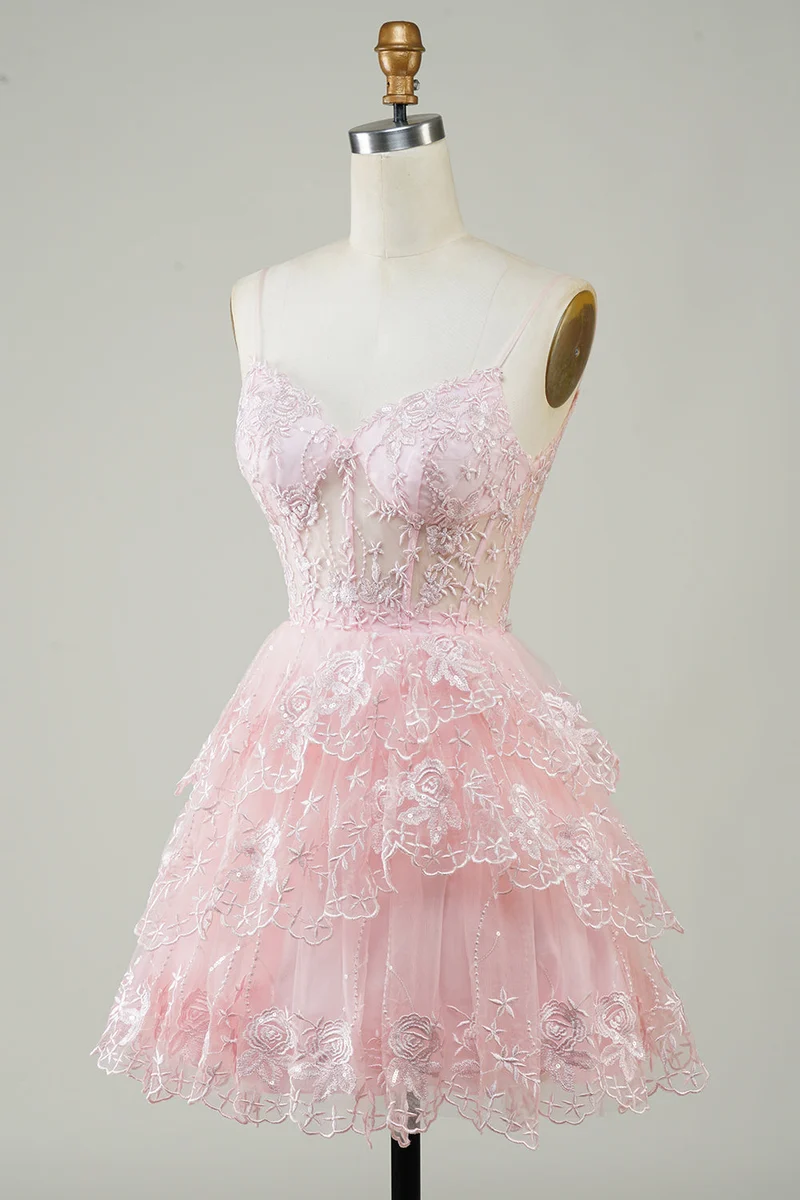 Robe de soirée courte transparente à volants asymétriques en dentelle scintillante