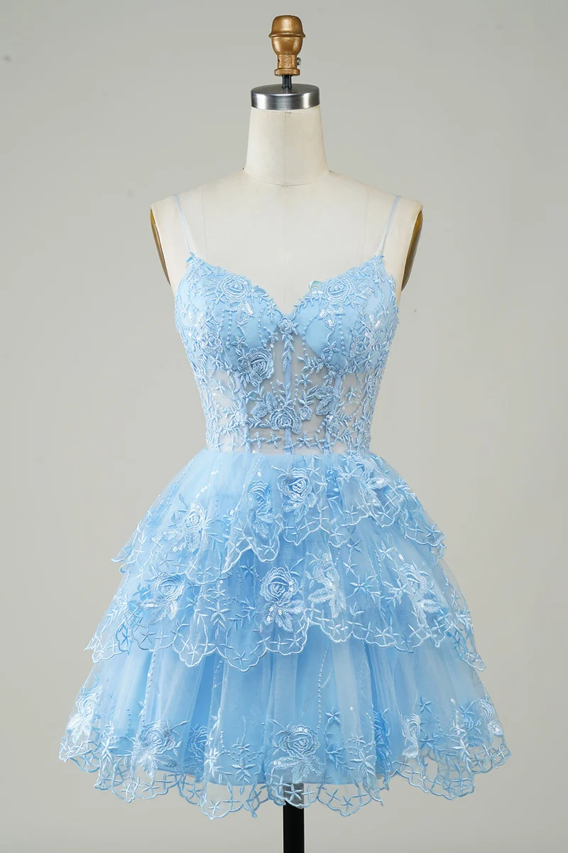 Robe de soirée courte transparente à volants asymétriques en dentelle scintillante