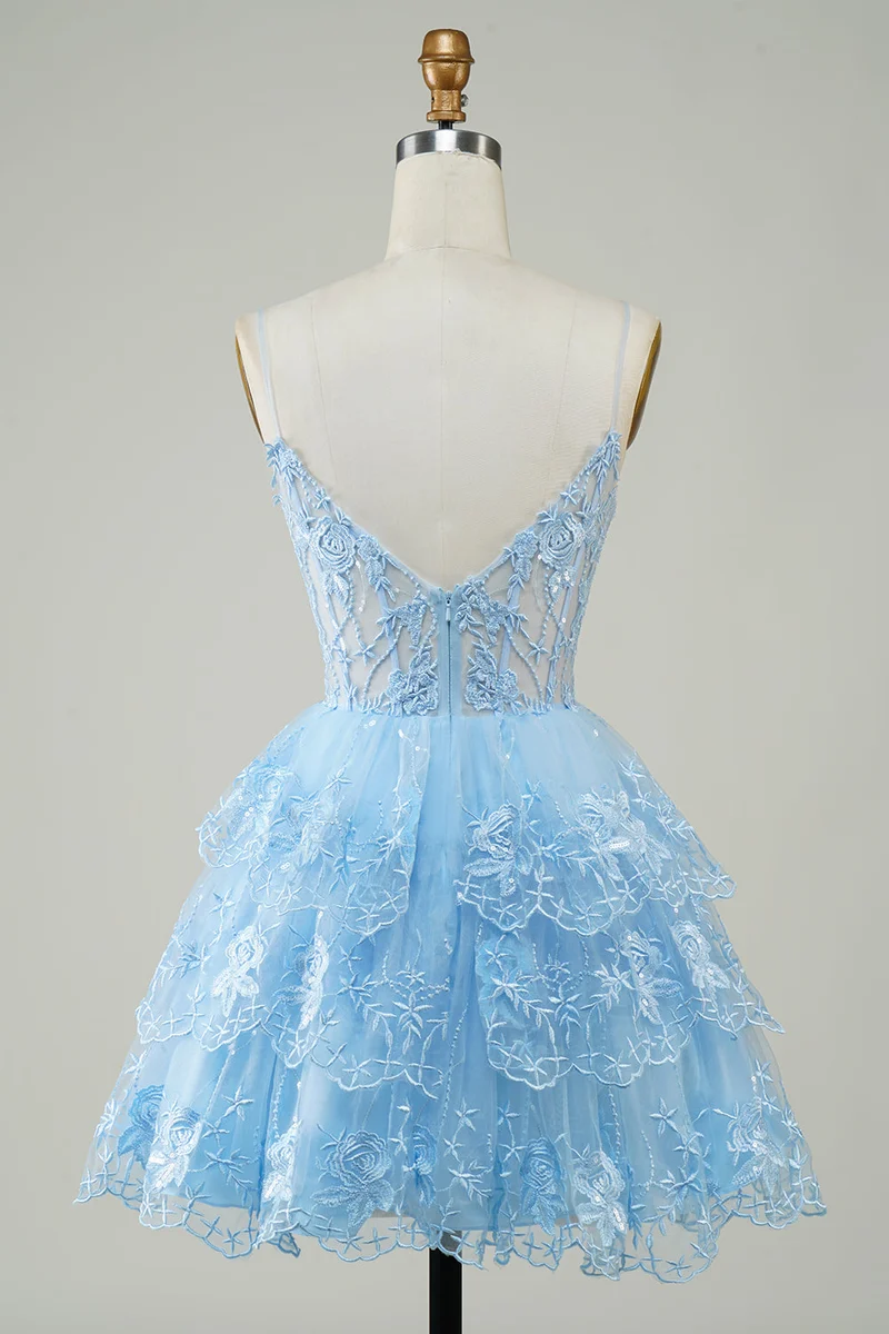 Robe de soirée courte transparente à volants asymétriques en dentelle scintillante