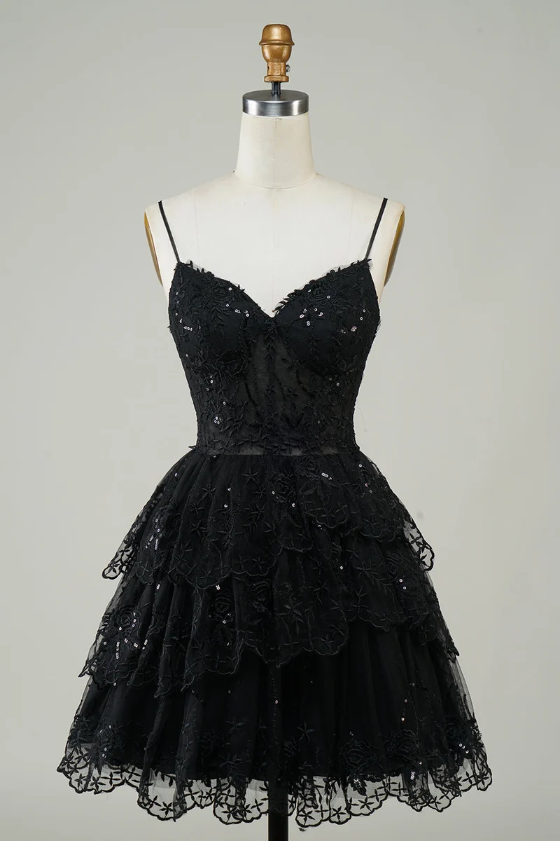 Robe de soirée courte transparente à volants asymétriques en dentelle scintillante