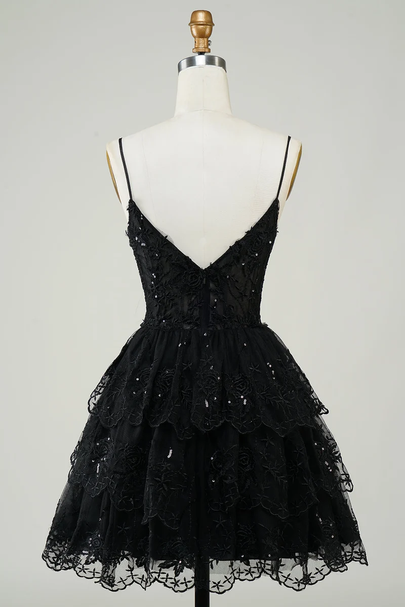 Robe de soirée courte transparente à volants asymétriques en dentelle scintillante