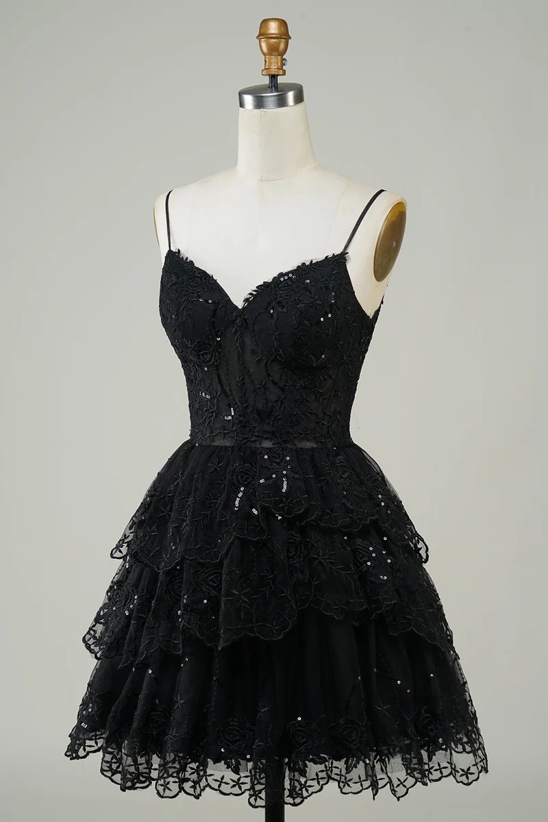 Robe de soirée courte transparente à volants asymétriques en dentelle scintillante