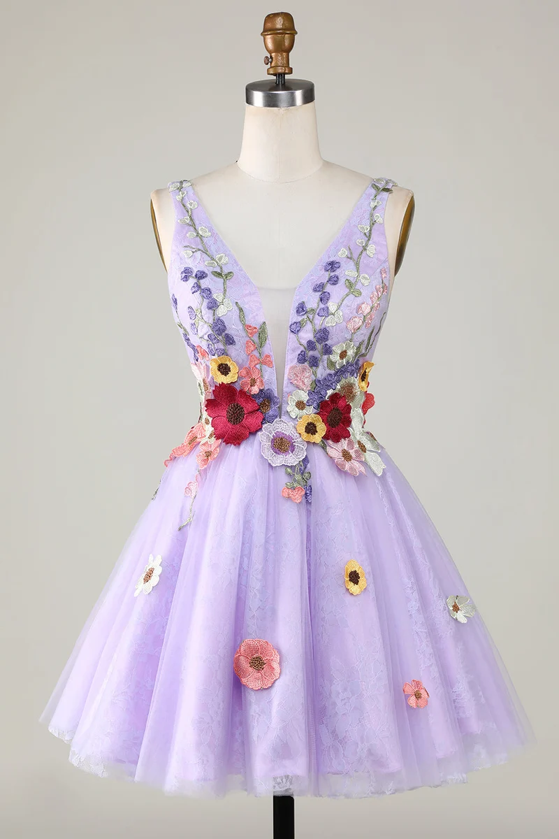 Robe de soirée dos nu à col en V et motif floral 3D coloré lilas