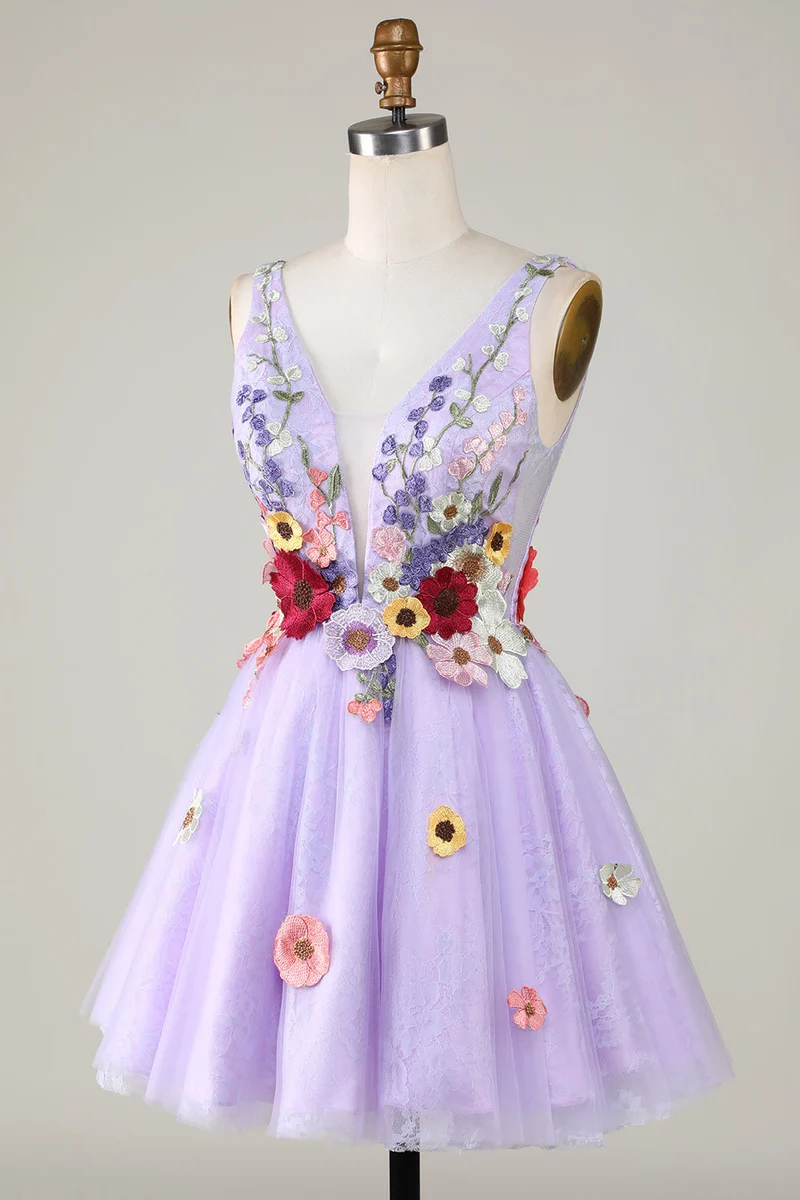 Robe de soirée dos nu à col en V et motif floral 3D coloré lilas