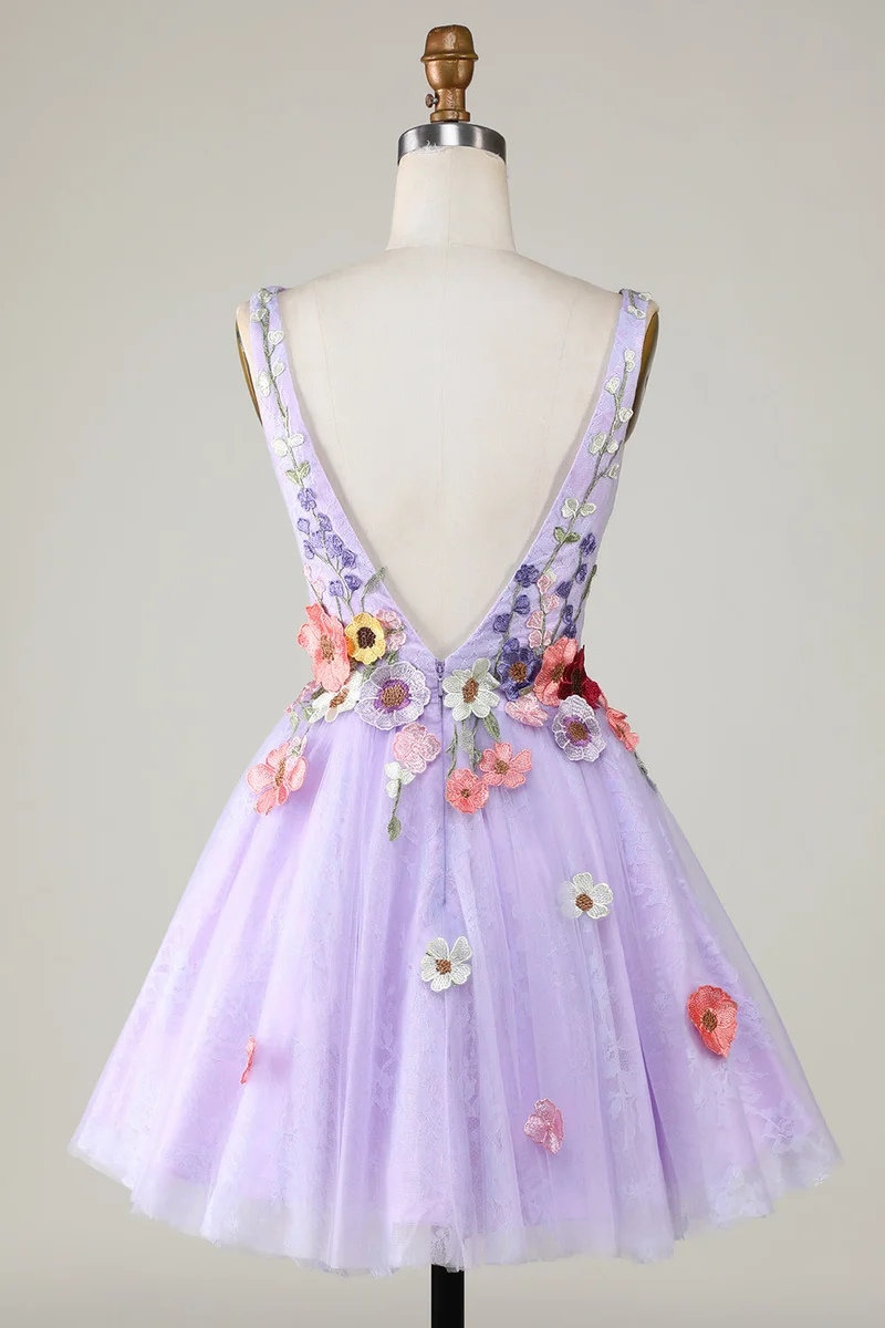 Robe de soirée dos nu à col en V et motif floral 3D coloré lilas