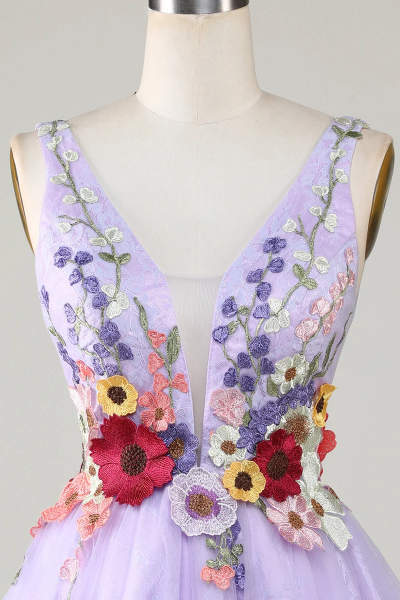 Robe de soirée dos nu à col en V et motif floral 3D coloré lilas
