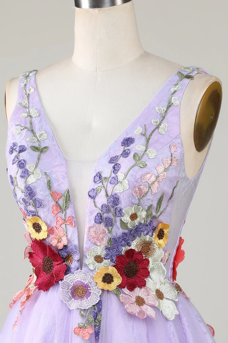 Robe de soirée dos nu à col en V et motif floral 3D coloré lilas