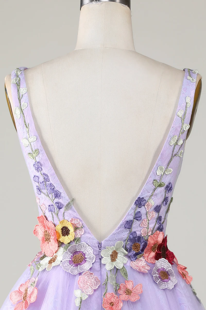 Robe de soirée dos nu à col en V et motif floral 3D coloré lilas
