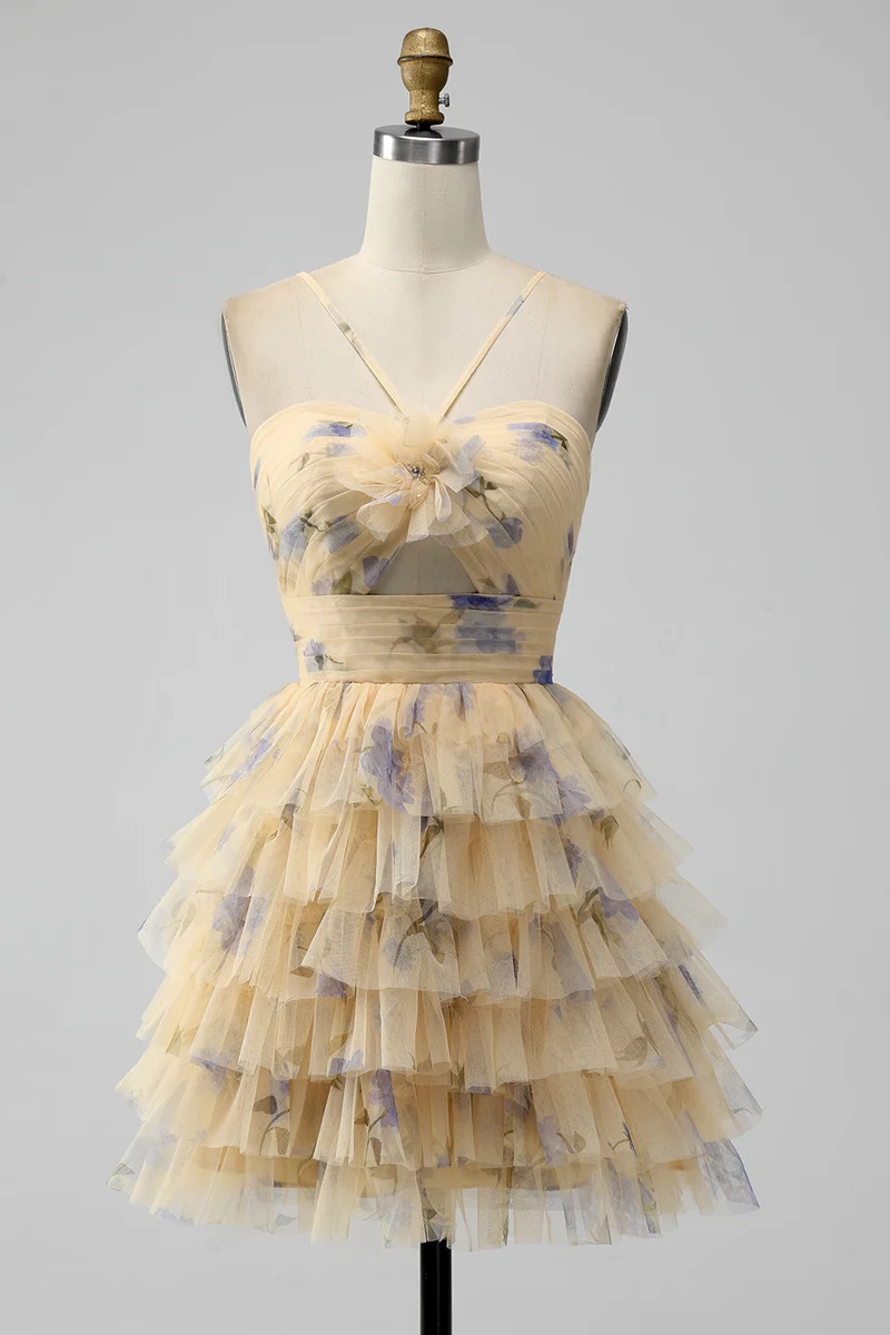 Robe de soirée courte à volants et à volants imprimé jaune