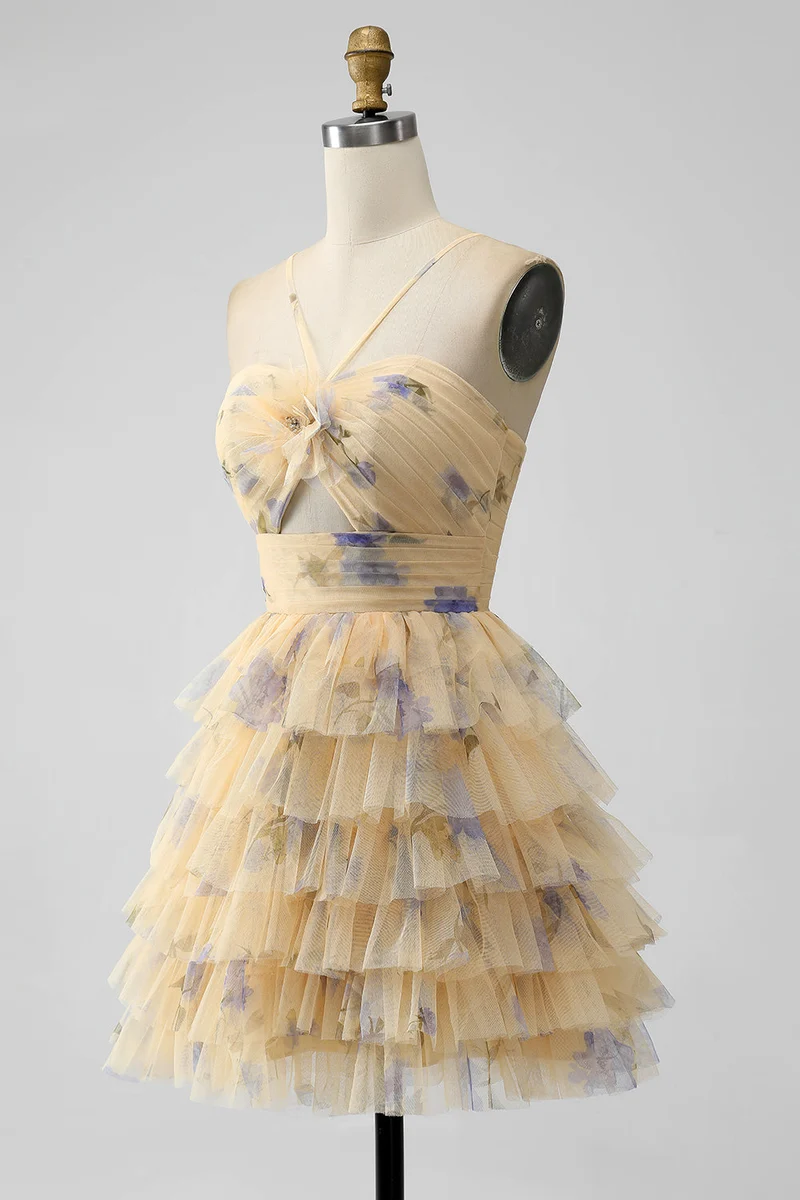 Robe de soirée courte à volants et à volants imprimé jaune